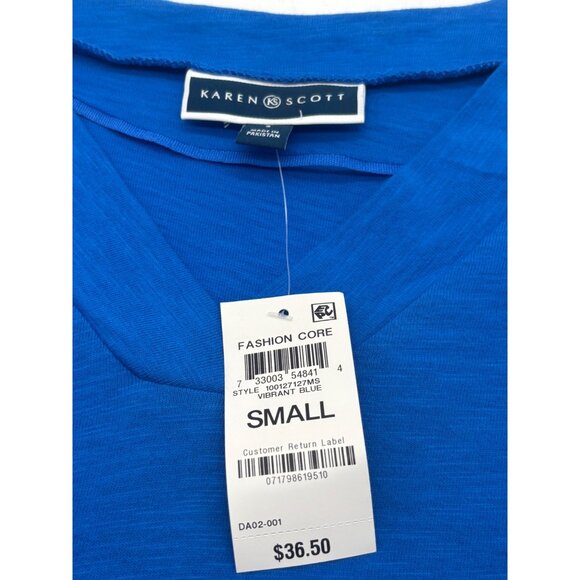 Karen Scott V-Neck 3/4-Sleeve Cotton Top,  Vibrant Blue, Sz. S - Picture 7 of 9